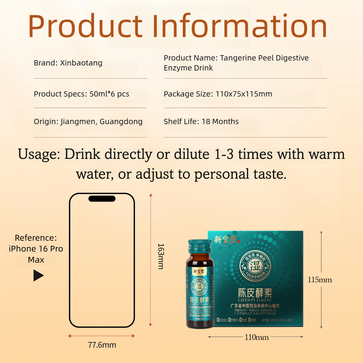 XinBaoTang Tangerine Peel Fermented Wellness Drink 6 Bottles x 50ml - Natural Fermented Daily