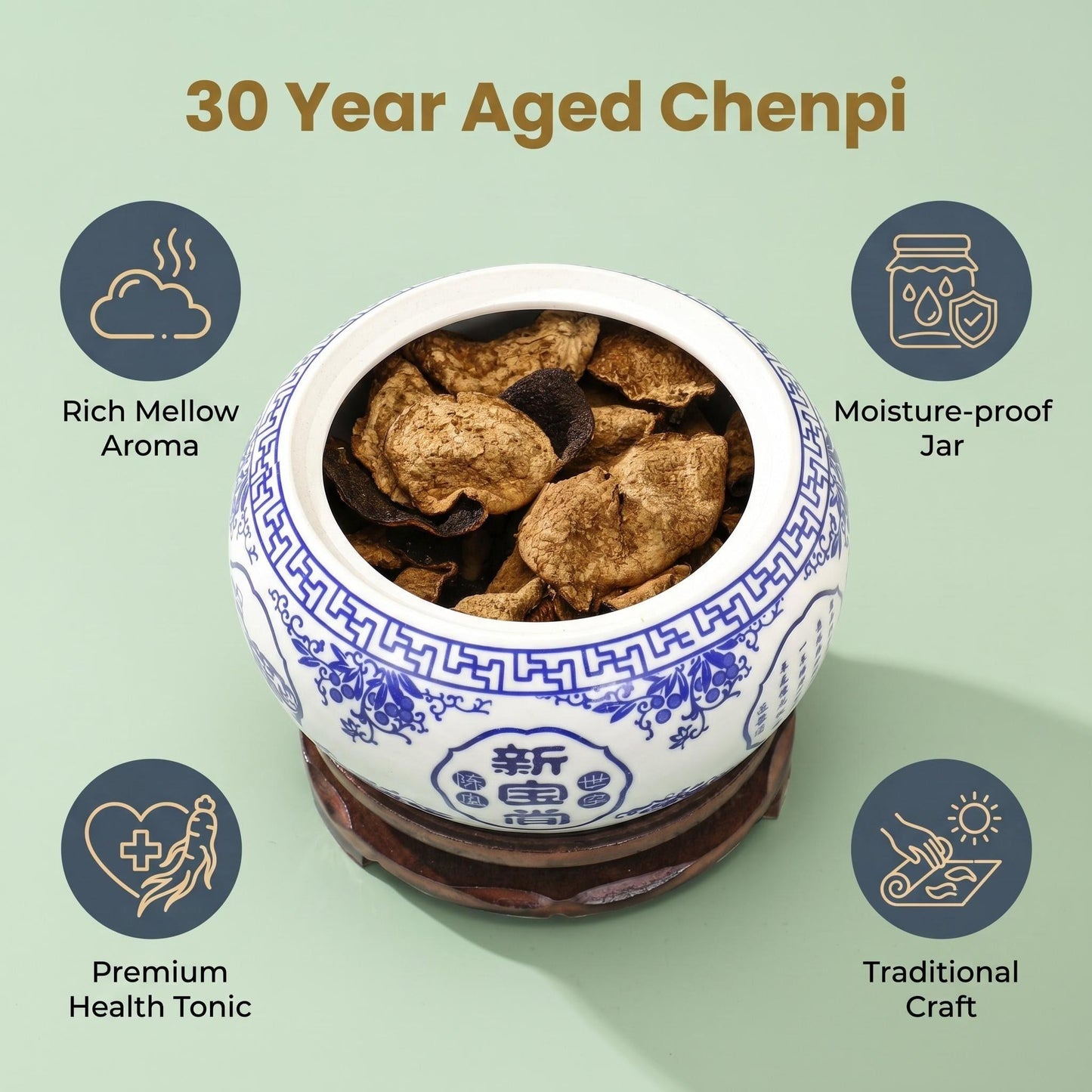 XinBaoTang 30 Years Aged Xinhui Tangerine Peel 250g Blue and White Porcelain Gift Box, Authentic Chenpi