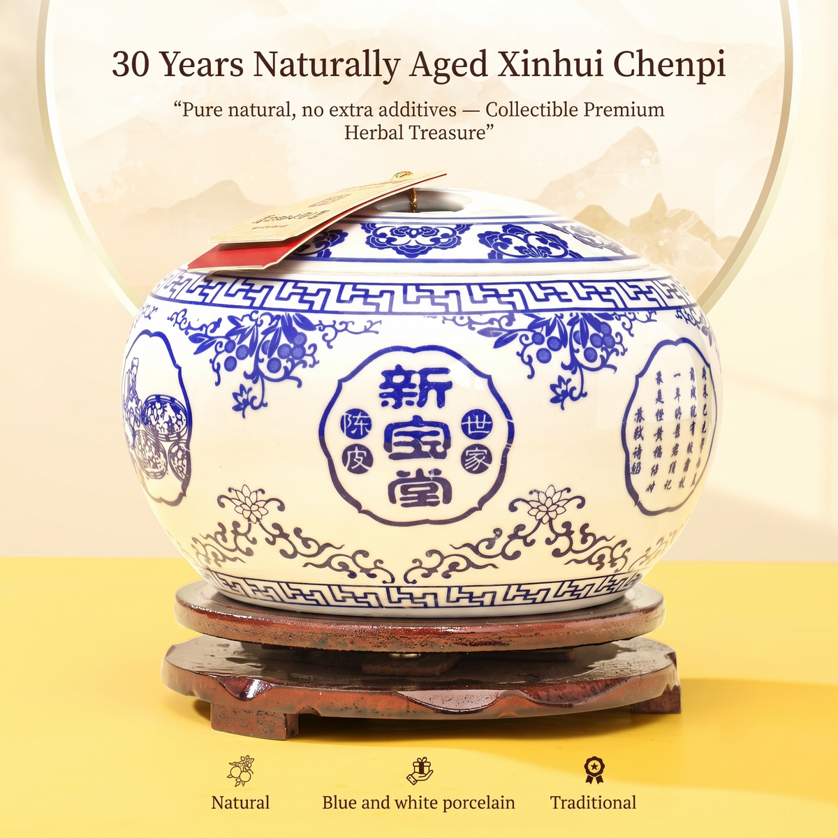 XinBaoTang 30 Years Aged Xinhui Tangerine Peel 250g Blue and White Porcelain Gift Box, Authentic Chenpi