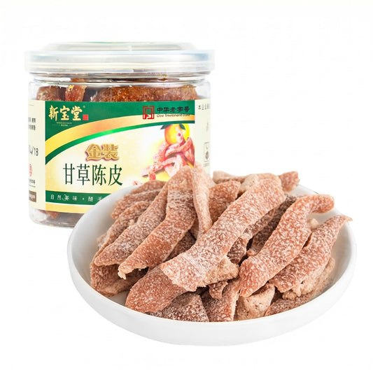 新宝堂甘草陈皮零食罐装50克 - 甜味蜜饯陈皮丝
