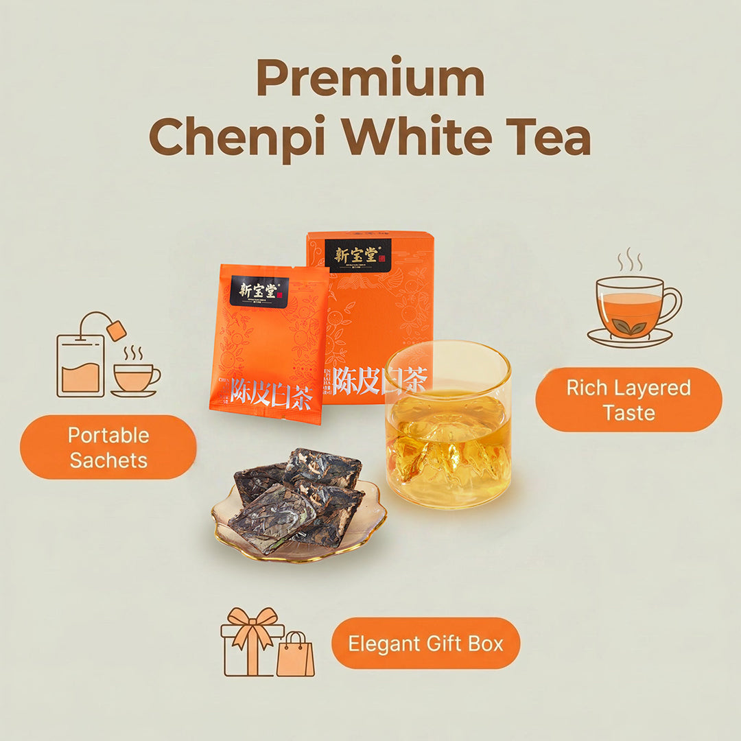 XINBAOTANG Xinhui Chenpi White Tea – 100g Gift Box | Aged Dried Tangerine Peel & White Tea Blend Sachets