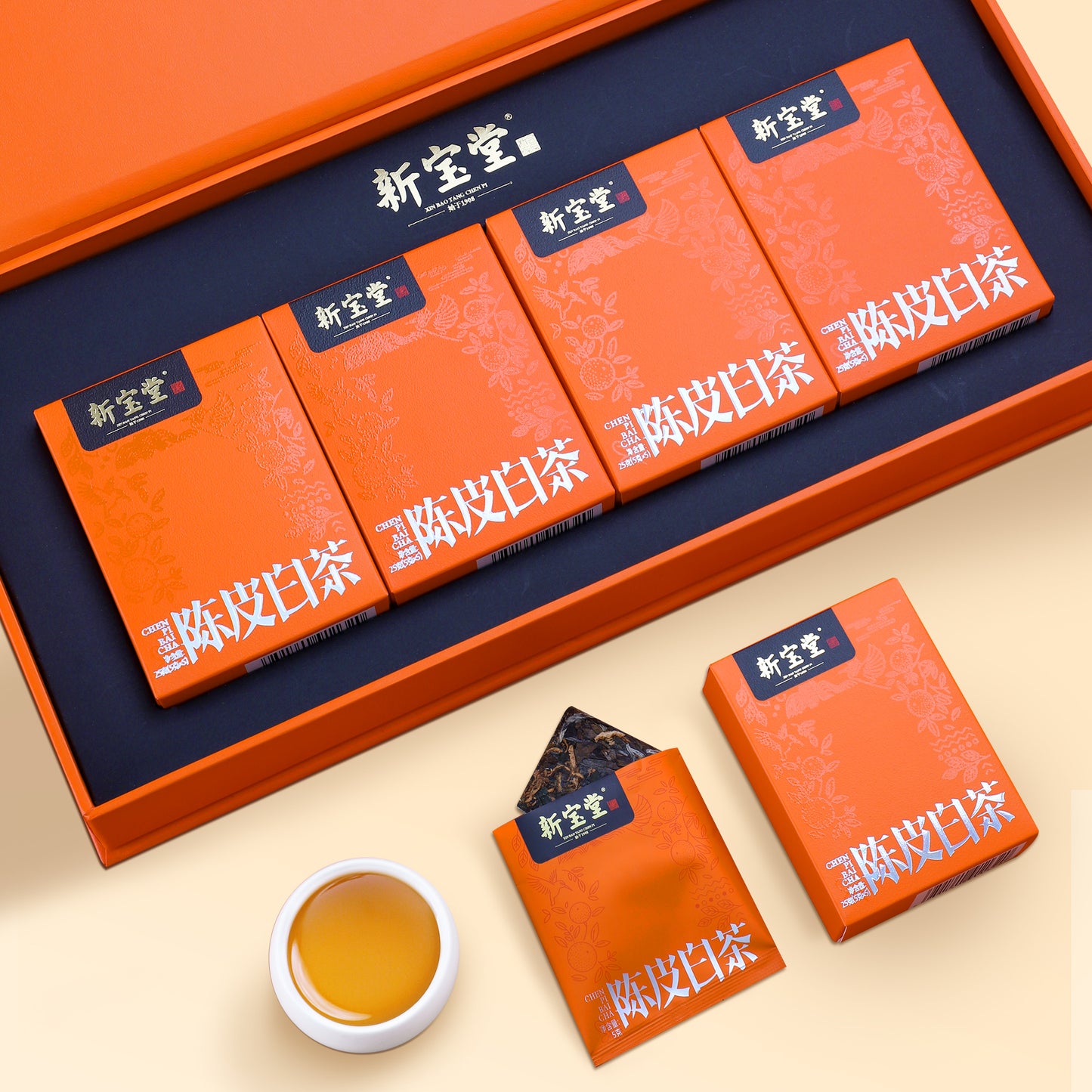 XINBAOTANG Xinhui Chenpi White Tea – 100g Gift Box | Aged Dried Tangerine Peel & White Tea Blend Sachets